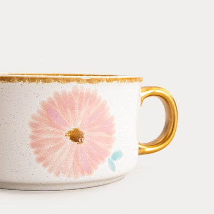 Homla - Meren Serveerschaal - Keramische Serveerschaal met Gouden Handgreep - Dessertschaal - Snackschaal - Decoratieve Kom - Bloemenmotief - 0.6 Liter - Ø14 x 7 cm - Crème met Roze Bloemenmotief