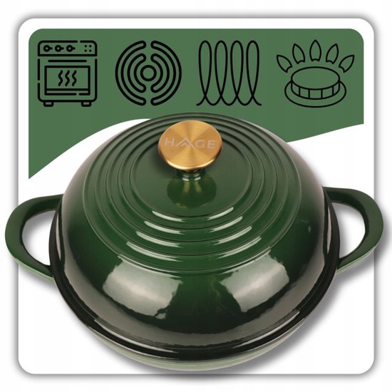 Hage - Cast Iron Bread Pan - Enamelled Baking Dish with Lid - For Homemade Bread & Casseroles - Induction, Gas & Oven Safe - Includes Pot Holder & Hand Protectors - 2L - Ø26 x 16.5 cm - Bottle Green