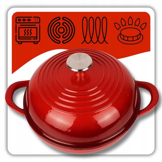 Hage - Bread Baking Pan - Cast Iron Bread Pan with Lid - Enamelled & Oven Safe - For Crusty Bread, Roasting & Baking - Suitable for Induction & Gas - Includes Pot Holder and Hand Protectors - 2 Litres - Ø26 x 16.5 cm - Red