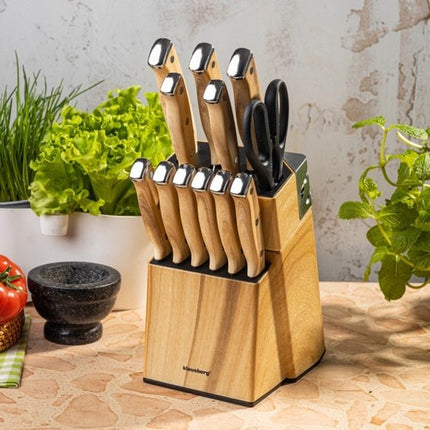 Klausberg - Messenset - 13-Delige - Keukenmessenset - 6 Steakmessen - RVS Keukenmessen - Inclusief Keukenschaar - Keukenaccessoires met Messenblok en Slijper - Houtlook