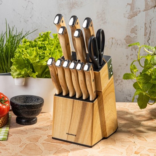 Klausberg - Knife Set - 13-Piece - Kitchen Knife Set - 6 Steak Knives - Stainless Steel Kitchen Knives - Includes Kitchen Scissors - Kitchen Accessories with Knife Block and Sharpener - Wood Look