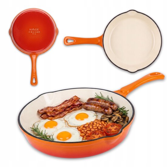 Hage - Frying Pan - Enameled Cast Iron Frying Pan - Cast Iron Frying Pan - Suitable for Induction, Gas & Oven - Ø20 x 4.5 cm - Orange