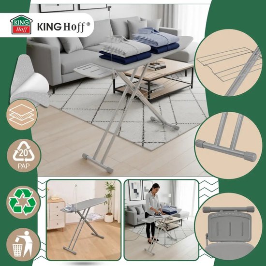 Kinghoff strijkplank 122 x 38 cm – opvouwbaar, met Heat Reflect-hoes, grijs – foto 4