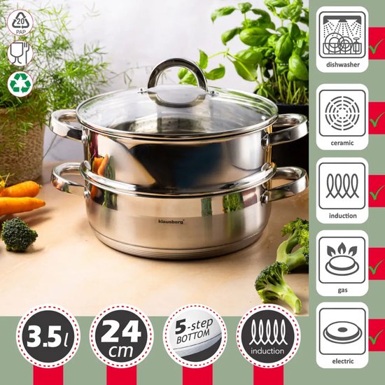 Klausberg - Steamer - 3-piece Stainless Steel Steaming Set - Steamer Insert - Glass Lid - Induction - Gas - Electric - Stainless Steel - 3.5 Liters - 24 x 8.5 cm - Silver