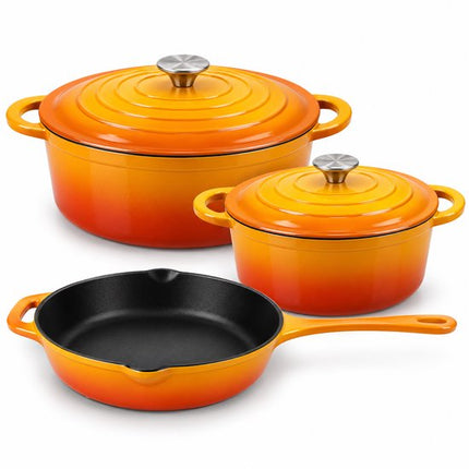 Hage - Pannenset - Keukenset - Gietijzeren Pannenset - 3 Delig - 4 L Kookpan met Deksel - 6 L Braadpan met Deksel - 26 cm Koekenpan - Geëmailleerd Gietijzer - Inductie - Oven - Mosterdgeel