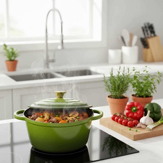 Hage - Cooking Pot - Cast Iron Pot with Lid - Enamelled - Induction & Oven Safe - Includes Mini Oven Mitts & Trivet - For Roasting, Stewing, Soup & Bread - 5 Litres - Ø26 cm - Olive Green