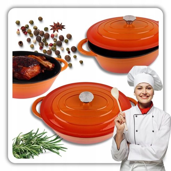 Hage - Dutch Oven - Enameled Cast Iron Casserole Dish with Lid - Oven & Induction Suitable - For Roasting, Stewing and Casseroles - 6 Liters - 34 x 26 x 18 cm - Orange