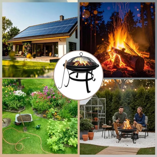 KINGHoff - Fire Pit - Outdoor Garden Fireplace with Grill - Patio Fire Pit with Spark Screen - Charcoal Garden Fire Pit - Includes Poker - Metal - Ø54.5 x 53 cm - Black