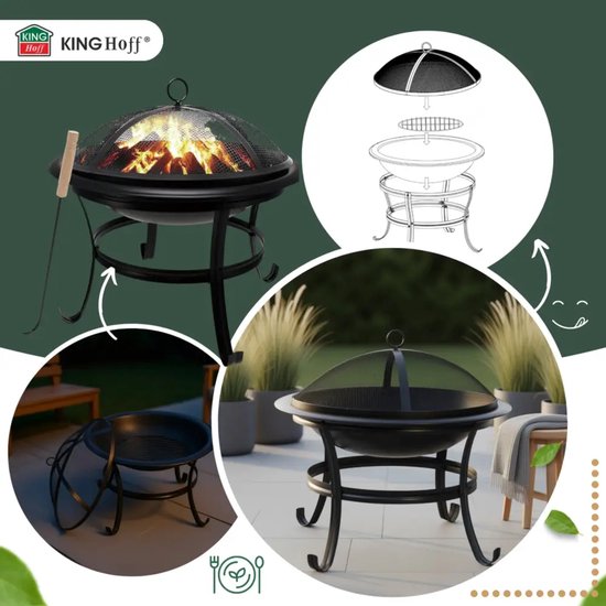 KINGHoff - Fire Pit - Outdoor Garden Fireplace with Grill - Patio Fire Pit with Spark Screen - Charcoal Garden Fire Pit - Includes Poker - Metal - Ø54.5 x 53 cm - Black
