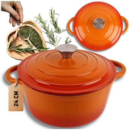 Hage - Kookpan - Gietijzeren Pot met Deksel - Geëmailleerd - Inductie & Oven Geschikt - Inclusief Mini Ovenhandschoenen & Onderzetter - Voor Braden, Stoven, Soep & Brood - 4 Liters - Ø24 cm - Oranje