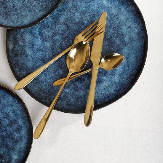 HOMLA - Ménagère Abele - Ménagère de luxe 16 pièces - Couverts iridescents - Couverts de table au design moderne - Cuillères, fourchettes & couteaux - Inox - Or