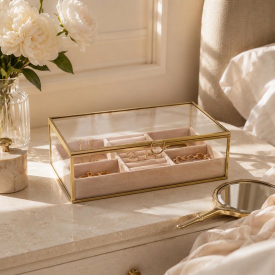 Atmosphera Schmuckkästchen Classico - 24 x 14 x 7 cm - transparent / beige - Schmuckkästchen mit Deckel - Fächereinteilung - Luxusgeschenk
