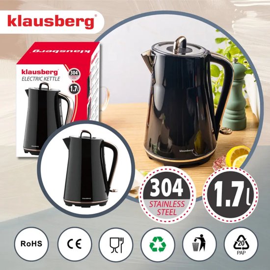 Klausberg elektrische waterkoker 1,7 liter – RVS, 2200 W, zwart met chroom – foto 3