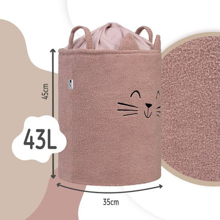 SIPO Grote Opbergmand voor Speelgoed - XL Formaat 43 Liter - Roze Boucle Stoffen Kitten Print - met Trekkoord - 45x43x5cm