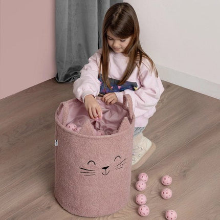 SIPO Grote Opbergmand voor Speelgoed - XL Formaat 43 Liter - Roze Boucle Stoffen Kitten Print - met Trekkoord - 45x43x5cm