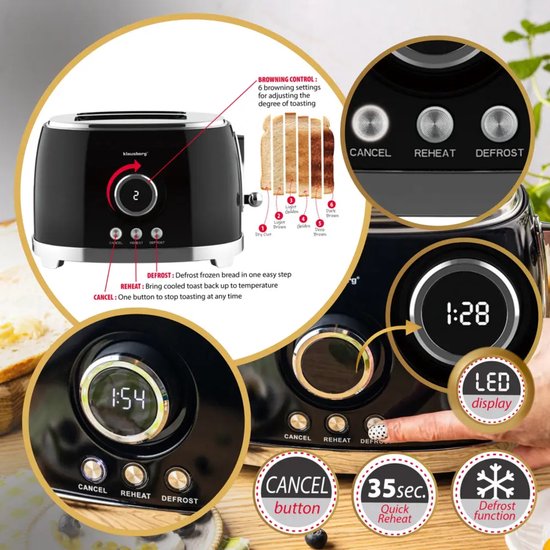 Klausberg - Bread Toaster - Kitchen Toaster - Toaster with LED Display and 6 Settings - Wide Slot Toaster - 2 Slices - Retro Design - Defrost & Reheat Function - 850W - approx. 28.5 x 18.5 x 20 cm - Black