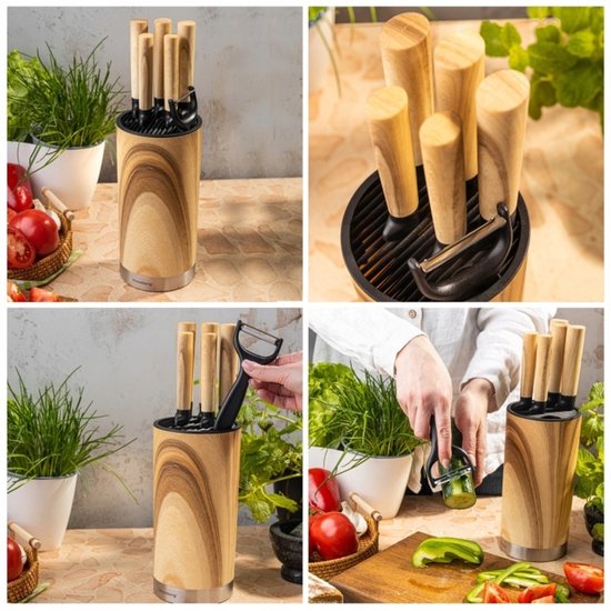 Klausberg - Knife Set - 7-Piece - Kitchen Knife Set - 5 Stainless Steel Kitchen Knives - Vegetable Peeler - Knife Block - Kitchen Accessories with Peeler and Knife Block - Natural Wood Look