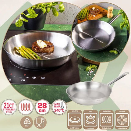 Kinghoff - KH-2020 - Pan - Koekenpan met Stalen Handvat - Zonder Antiaanbaklaag - Inductie Geschikt - Hoge Temperatuur tot 240°C - Voor Vlees, Vis & Groenten - 21CT, RVS - Ø28 cm - Zilver