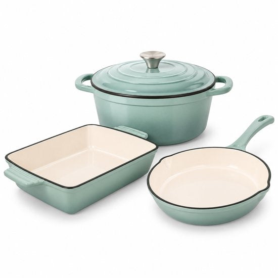 Hage - 3-teiliges Küchenset - gusseiserne Auflaufform - Bräter 3,5 L - emaillierte Backform - Auflaufform für Fleisch und Aufläufe - gusseiserne Bratpfanne - rechteckige Backform - ofenfest - wärmespeichernd - pastellblaugrün