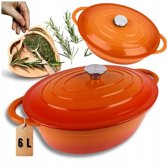 Hage - Dutch Oven - Enameled Cast Iron Casserole Dish with Lid - Oven & Induction Suitable - For Roasting, Stewing and Casseroles - 6 Liters - 34 x 26 x 18 cm - Orange