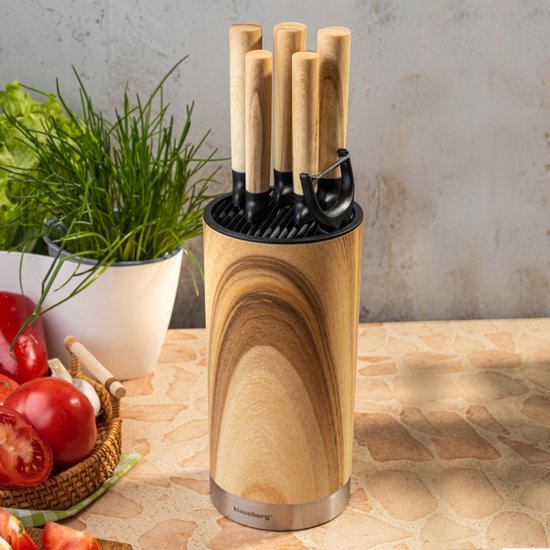 Klausberg - Knife Set - 7-Piece - Kitchen Knife Set - 5 Stainless Steel Kitchen Knives - Vegetable Peeler - Knife Block - Kitchen Accessories with Peeler and Knife Block - Natural Wood Look