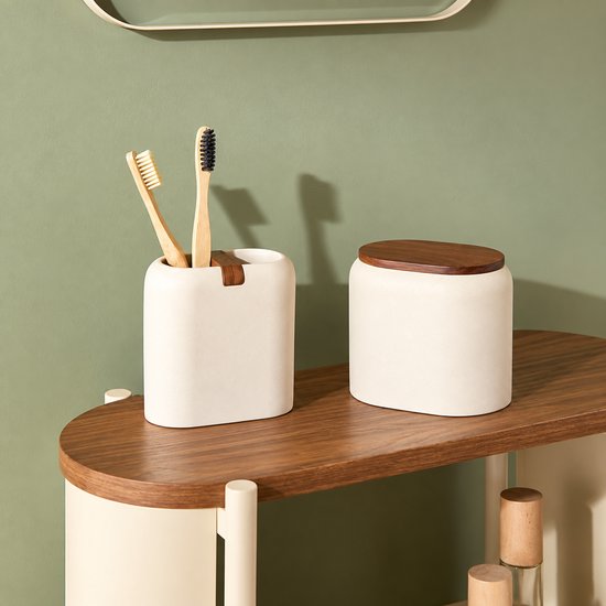3-Delig Badkamer Accessoireset - Badkamerdecoratie - Badkamer Set - Toiletaccessoires - Wattenschijfjeshouder 10,2 cm - Toiletborstel 39 cm - Zeepschaal 13 cm - Zeepbakje - Polyresin - Beige