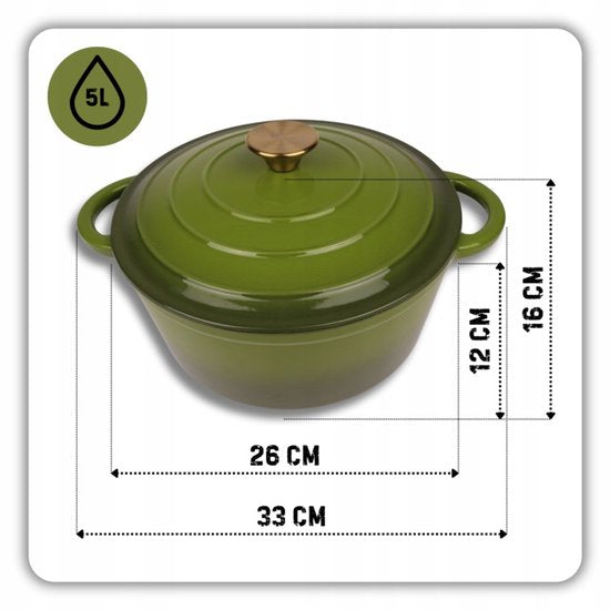Hage - 4-Piece Cast Iron Cookware Set - 5L 26 cm Dutch Oven with Lid & 20 cm Frying Pan - 2 Salt and Pepper Grinders 100 ml - Enamelled - Induction, Gas & Oven Safe - Ceramic Grinding Mechanism - Olive Green