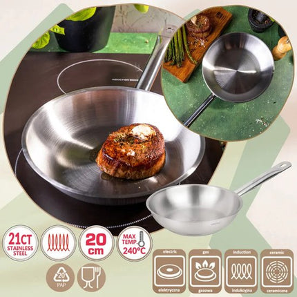 Kinghoff - KH-2018 - Pan - Koekenpan met Stalen Handvat - Zonder Antiaanbaklaag - Inductie Geschikt - Hoge Temperatuur tot 240°C - Voor Vlees, Vis & Groenten - 21CT, RVS - Ø20 cm - Zilver