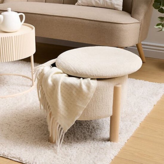 Atmosphera - Elki Storage Stool Ø 45.5 cm White Chenille - 37 cm High - with storage space - Pouffe - Seat Stool - Side Table - Ottoman