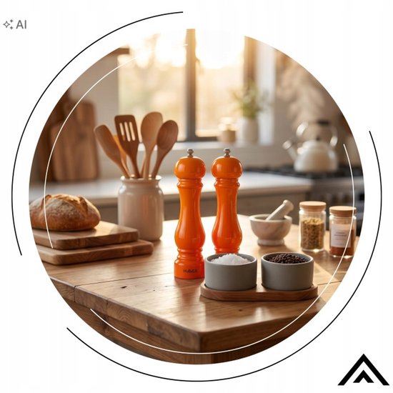 Hage – 4-teiliges gusseisernes Küchenset – Schmortopf 5 l 26 cm mit Deckel & Bratpfanne 20 cm – 2 Salz- und Pfeffermühlen 100 ml – Emailliert – Induktion, Gas & Backofen – Keramikmahlwerk – Orange
