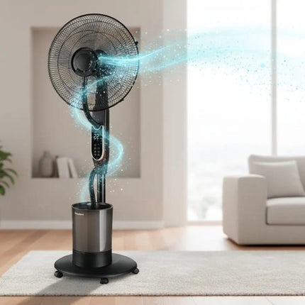 Klausberg - Mist Ventilator - Staande Ventilator - Vloerventilator met Verneveling - Luchtbevochtiger 5L - Afstandsbediening LED & Timer - Koelventilator met Watervernevelaar - Air Cooler met Oscillatie 90° - 90W - Ø16inch - Zwart