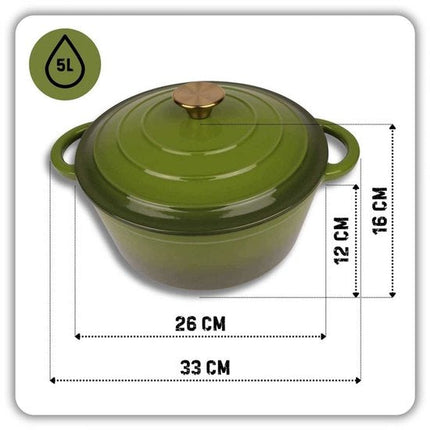 Hage - Kookpan - Gietijzeren Pot met Deksel - Geëmailleerd - Inductie & Oven Geschikt - Inclusief Mini Ovenhandschoenen & Onderzetter - Voor Braden, Stoven, Soep & Brood - 5 Liters - Ø26 cm - Olijfgroen