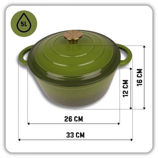 Hage - Cooking Pot - Cast Iron Pot with Lid - Enamelled - Induction & Oven Safe - Includes Mini Oven Mitts & Trivet - For Roasting, Stewing, Soup & Bread - 5 Litres - Ø26 cm - Olive Green