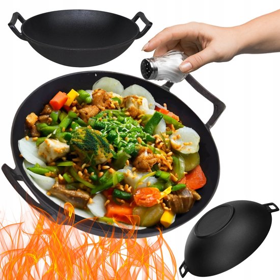 Hage gietijzeren wokpan 31 cm met 2 handgrepen, zwart