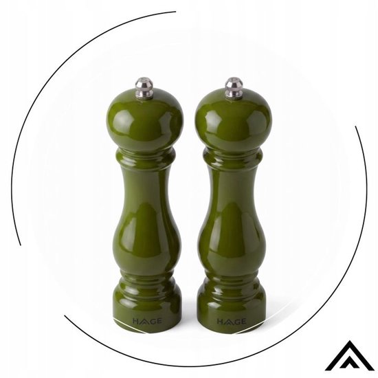 Hage - Manual Pepper and Salt Mills - Salt & Pepper - Ceramic Grinder - Adjustable Coarseness - 100 ml - Ø5.5 x 22 cm - Olive Green