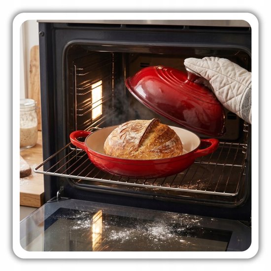 Hage - Bread Baking Pan - Cast Iron Bread Pan with Lid - Enamelled & Oven Safe - For Crusty Bread, Roasting & Baking - Suitable for Induction & Gas - Includes Pot Holder and Hand Protectors - 2 Litres - Ø26 x 16.5 cm - Red