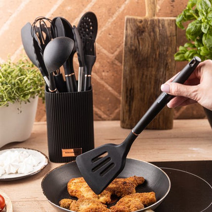Klausberg Set d'ustensiles de cuisine 12 pièces avec support – Ustensiles de cuisine en silicone – Résistant à la chaleur 220°C – Noir