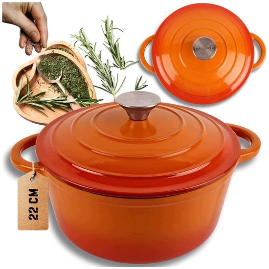 Hage - Gietijzeren Kookpot - Kookpan met Deksel - Geëmailleerde Braad- en Stoofpan - Ovenvast & Geschikt voor Inductie - Gelijkmatige Warmteverdeling - 3 Liters - Ø22 x 13 cm - Oranje