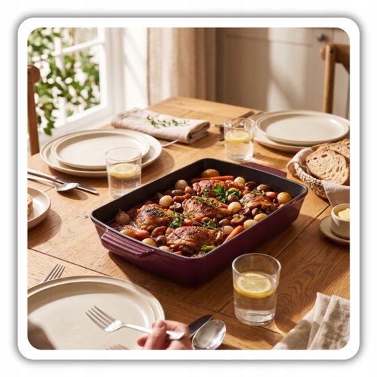 Hage - 3-Piece Cast Iron Oven Set - 6L Roasting Pan with Lid 34 cm & Baking Dish 3.5L 32 x 23.5 cm - Enameled Frying Pan 20 cm - Induction, Gas & Oven - For Roasting, Baking & Casseroles - Aubergine