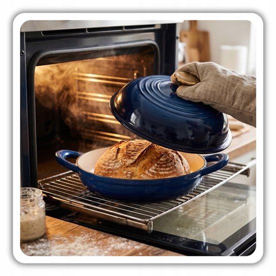 Hage - Brotbackform - Emaillierte Gusseisen-Brotform mit Deckel - Für knuspriges Brot & Aufläufe - Geeignet für Induktion, Gas & Backofen - Inklusive Topfhalter & Handschutz - 2 Liter - Ø26 x 16,5 cm - Blau