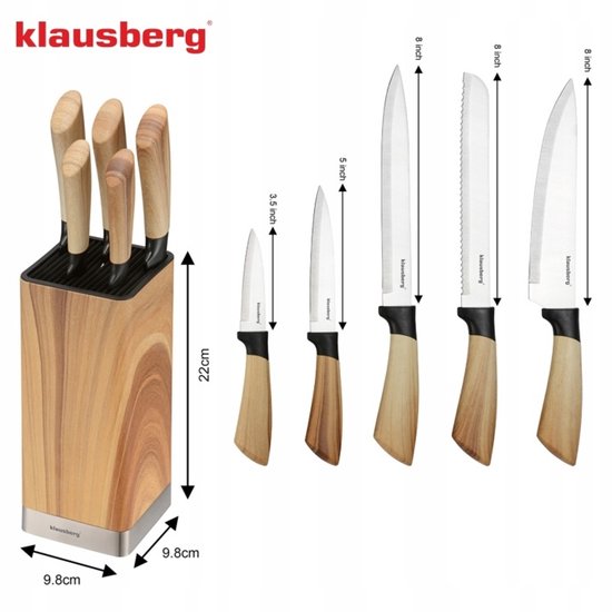 Klausberg - Knife Set - 6-Piece - Kitchen Knife Set - 5 Stainless Steel Kitchen Knives - Knife Holder - Professional Chef's Knives - Kitchen Accessories with Knife Block - Wood Look
