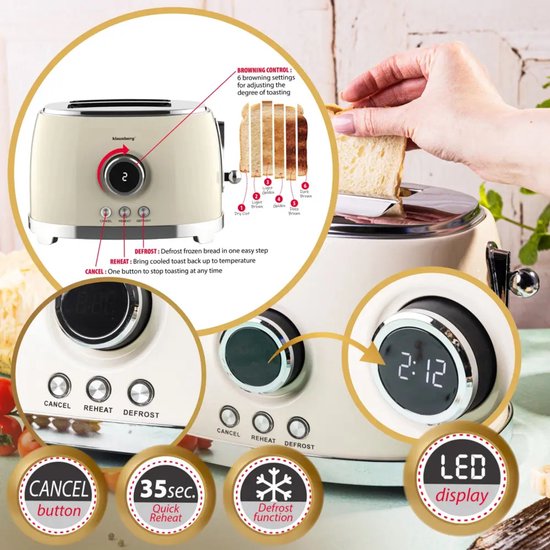 Klausberg - Toaster - Kitchen Toaster - Toaster with LED Display and 6 Settings - Wide Slot Toaster - 2 Slices - Retro Design - Defrost & Reheat Function - 850W - approx. 28.5 x 18.5 x 20 cm - Beige