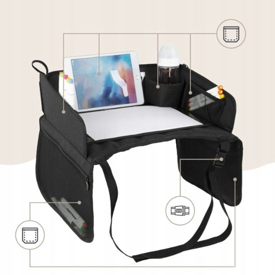 Sipo - Kinder-Autositz-Reisetisch faltbar - Auto-Organizer für Kinder mit 11-Zoll-Tablethalterung - Reise-Tisch für Autositz mit Aufbewahrungsfächern - Universelles Car Travel Tray - ca. 40 x 35 x 13 cm - Schwarz