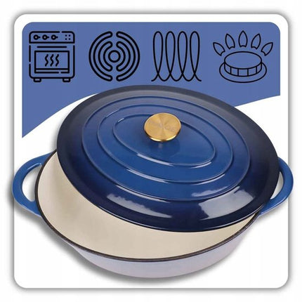 Hage - Braadpan - Geëmailleerde Gietijzeren Braadpan met Deksel - Oven & Inductie Geschikt - Voor Braden, Stoven en Ovenschotels - 6 Liters - 34 x 26 x 18 cm - Blauw