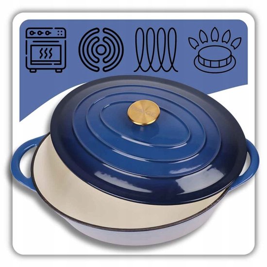 Hage - Roasting Pan - Enameled Cast Iron Roasting Pan with Lid - Suitable for Oven & Induction - For Roasting, Stewing and Casseroles - 6 Liters - 34 x 26 x 18 cm - Blue