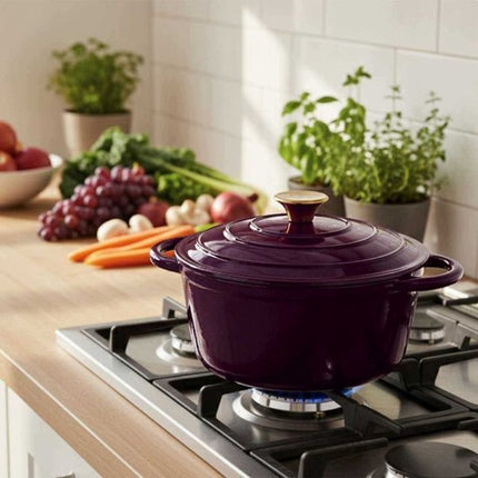Hage - Kookpan - Gietijzeren Pot met Deksel - Geëmailleerd - Inductie & Oven Geschikt - Inclusief Mini Ovenhandschoenen & Onderzetter - Voor Braden, Stoven, Soep & Brood - 4 Liters - Ø24 cm - Auberginepaars