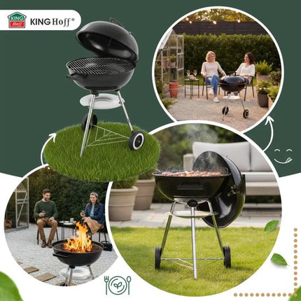 KINGHoff - Houtskool BBQ Grill - Kogelbarbecue met Deksel en Wielen - Tuin BBQ Grill Verrijdbaar - Barbecue met Temperatuurregeling - Buiten Grill - Camping & Terras BBQ - Metaal - Ø43 x 47.5 x 74 cm - Zwart