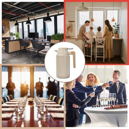 Thermoskan - Vacuüm Thermosfles - Isolerende Koffiekan met Houten Handvat - BPA-vrij - 2 Liter - RVS 304 - Beige