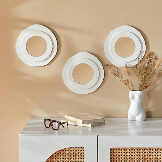 Wandspiegel - Badezimmerspiegel - 3er-Set - Runde Wandspiegel - Dekorative MDF-Spiegel - Moderne Wanddekoration für Wohnzimmer, Flur, Schlafzimmer & Badezimmer - Ø25 cm - Weiß