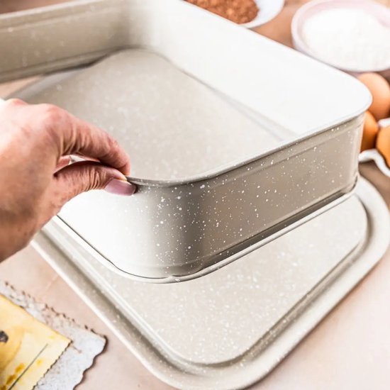 Bakset - Bakvorm met Spatel - Bakvorm met Afneembare Rand - Non-Stick Marmer Coating - Carbon Staal Cakevorm - Rechthoekige Springvorm 39 x 27 cm - Grijs